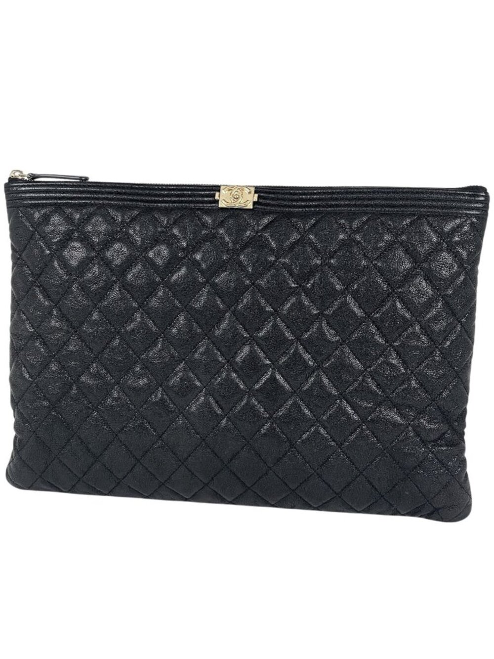 Chanel Boy Clutch CC Logo Quilted Caviar Leather Black